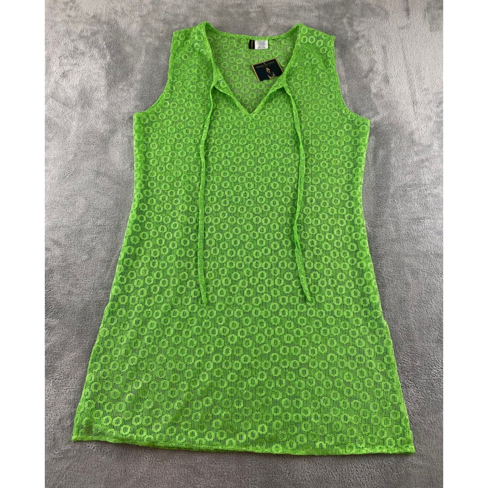 Manhattan Blues Womens XL Lime Green Crochet Circle Knit V-Neck Cover Up Dress